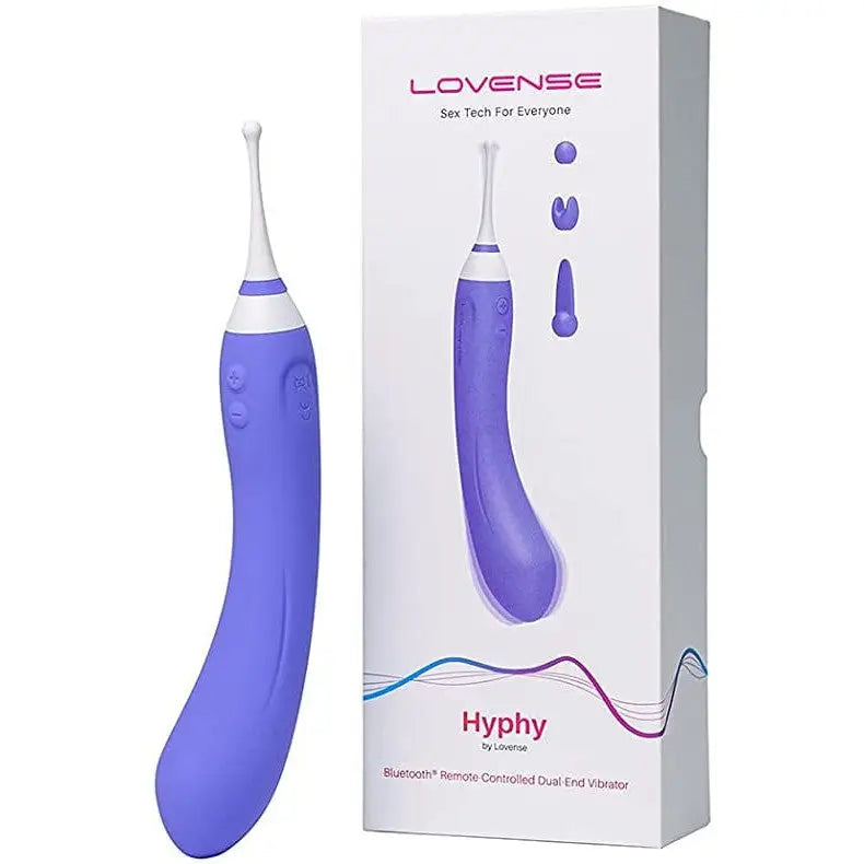 Close-up of Lovense Hyphy Dual-End purple electric toothbrush in a box