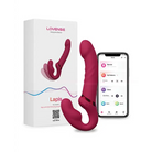 Magenta-colored Lovense Lapis vibrating strapless strap on with smartphone app and packaging