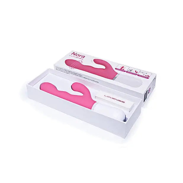 A box of pink nail polish strips with a Lovense Nora Rechargeable Rabbit with App Control