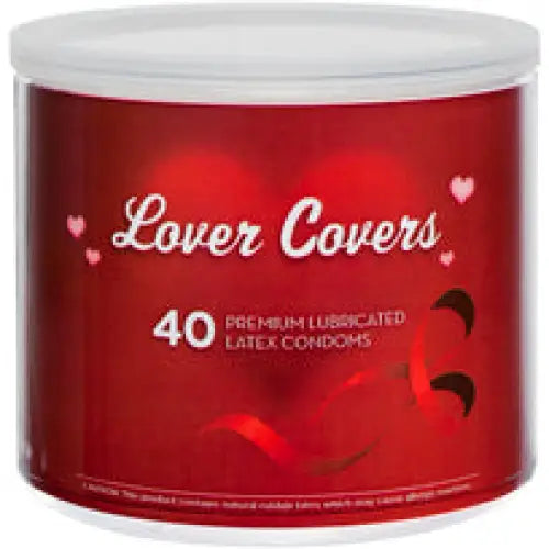 Lover Covers 40pc Container displaying love over 4-in-1 gallon of premium latex condoms