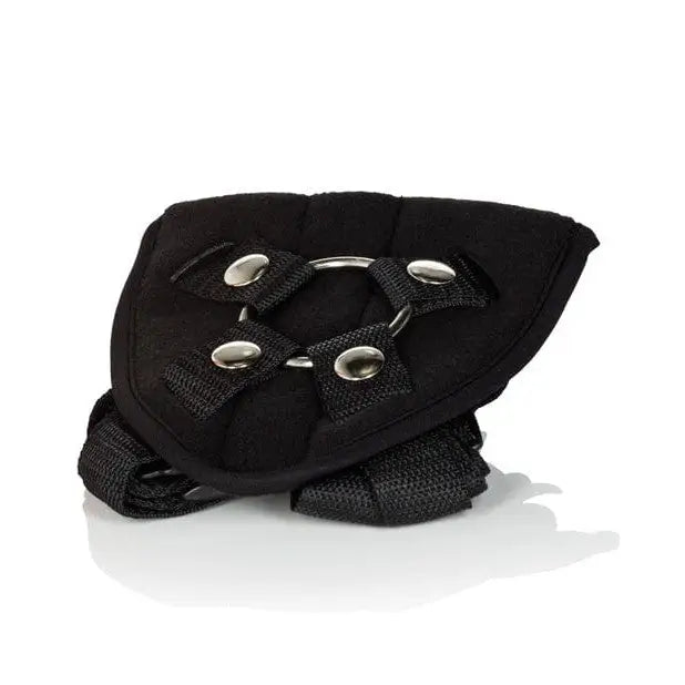 Black dog harness with two metal buckles from Lover’s Super Strap Universal Harness by CalExotics