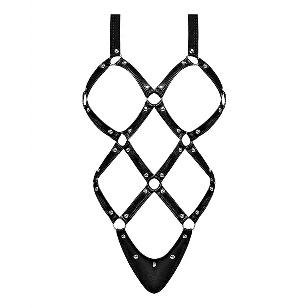 Lust Fetish Contessa S/M Black leather harness with metal hardware by Magic Silk