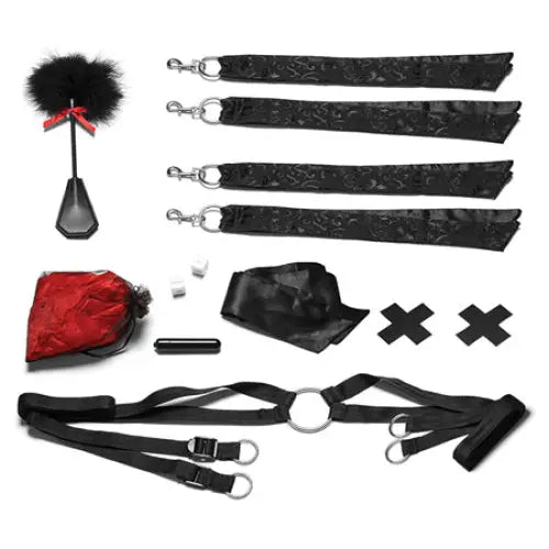 Lux Fetish Night of Romance Satin Cuffs with Rose Petals Bedspreaders 6-Piece Bed Restraint Set - Bed Restraint