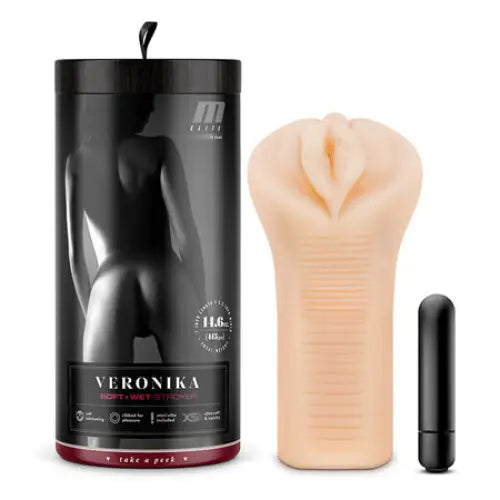 Close-up of M Elite Soft + Wet Veronika Vagina Stroker with Bullet Vibrator