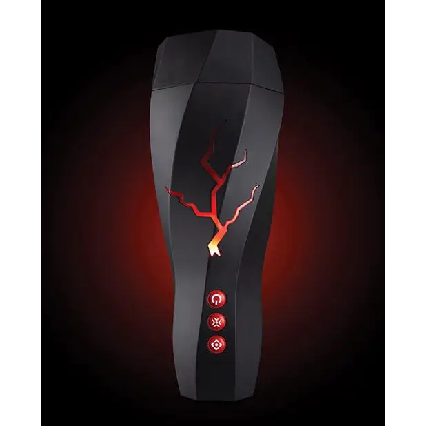 Blush M For Men Storm Suction Powered Stroker: Sleek black device with red accents and lightning bolt