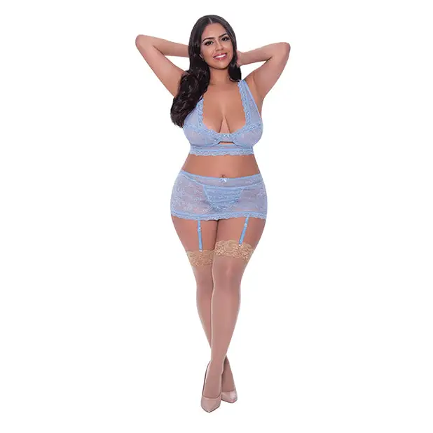 Magic Silk Ooh La Lace Bralette Garter Skirt & G-String Set Periwinkle L/XL - Queen - Lingerie Set