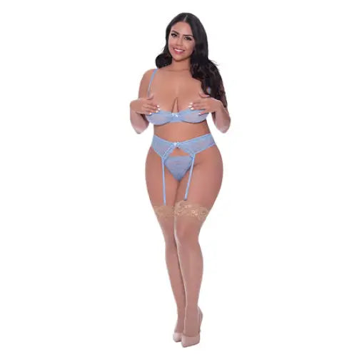 Magic Silk Ooh La Lace Demi Bra Garter & Tanga Set Periwinkle Queen Size - Lingerie Set