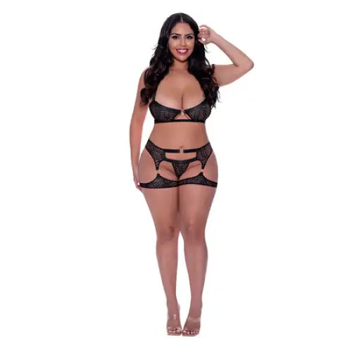 Magic Silk Rude Awakening Balconette Bra & Stirrup Thong Set Black Queen Size - Lingerie Set