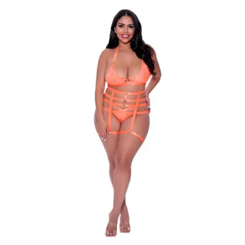 Magic Silk Rude Awakening Bralette Thigh High Garter & Cheeky Panty Set Neon Orange Queen Size - Lingerie Set