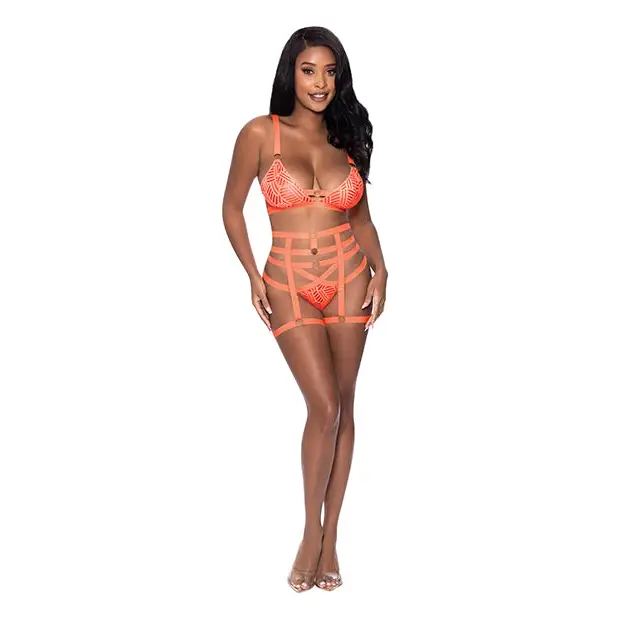 Magic Silk Rude Awakening Bralette Thigh High Garter & Cheeky Panty Set Neon Orange S/M - Large/Extra Large - Lingerie