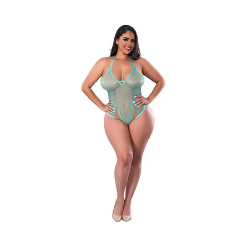 Magic Silk Soft Petals Cut Out Teddy with Snap Crotch Aqua Queen Size - Bodysuit