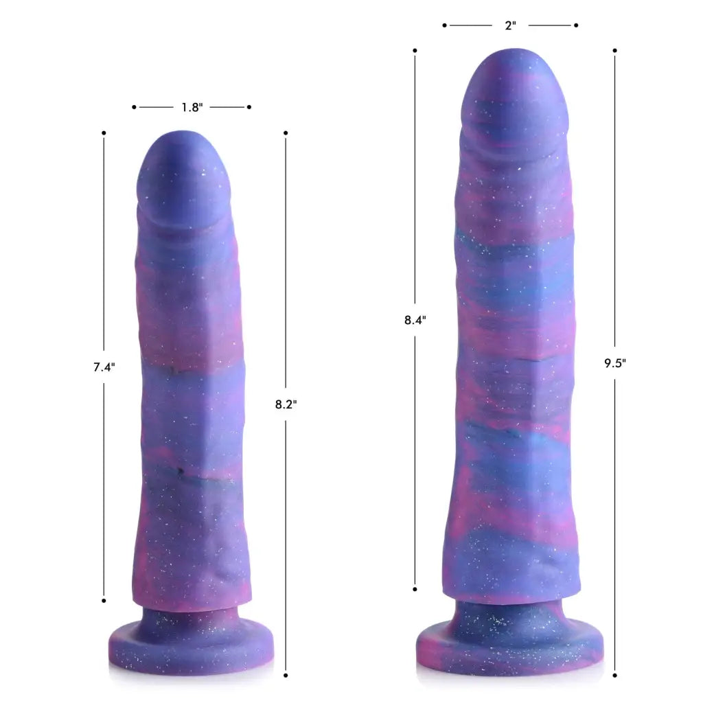 Magic Stick Glitter Silicone Dildo in Blue and Purple Galaxy Design with White Background