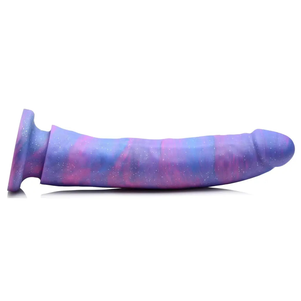 Magic Stick Glitter Silicone Dildo with purple and blue galaxy print on white background