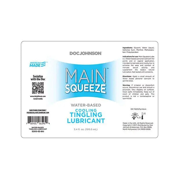 Product label for Main Squeeze Cooling/Tingling Water-Based Lubricant by Doc Johnson