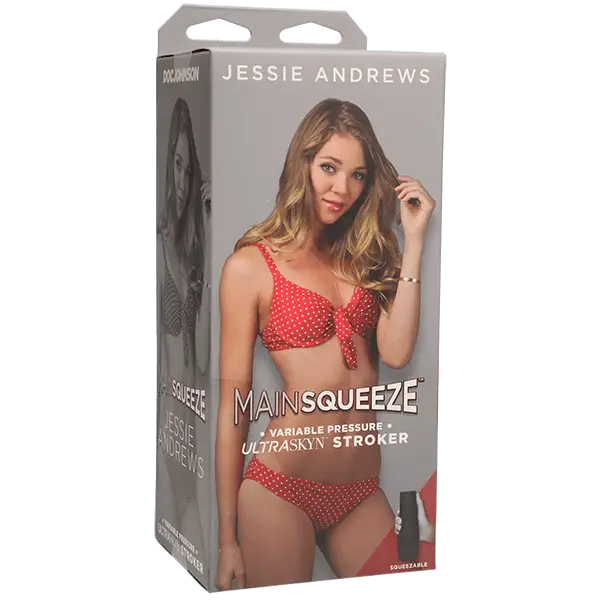 Main Squeeze Jessie Andrews Pussy packaging with woman in red polka dot swimwear