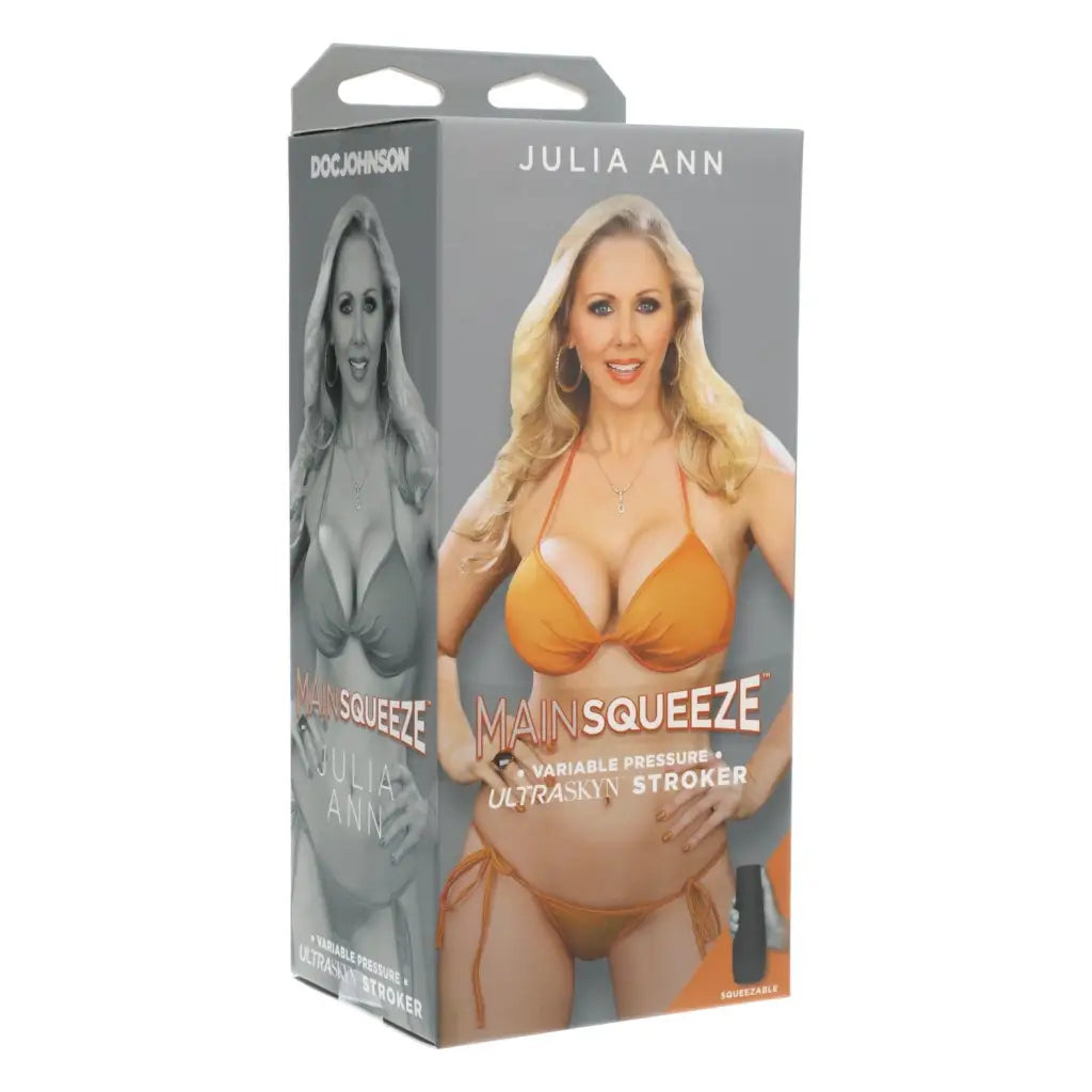 Main Squeeze Julia Ann ULTRASKYN Stroker packaging featuring a woman in an orange bikini