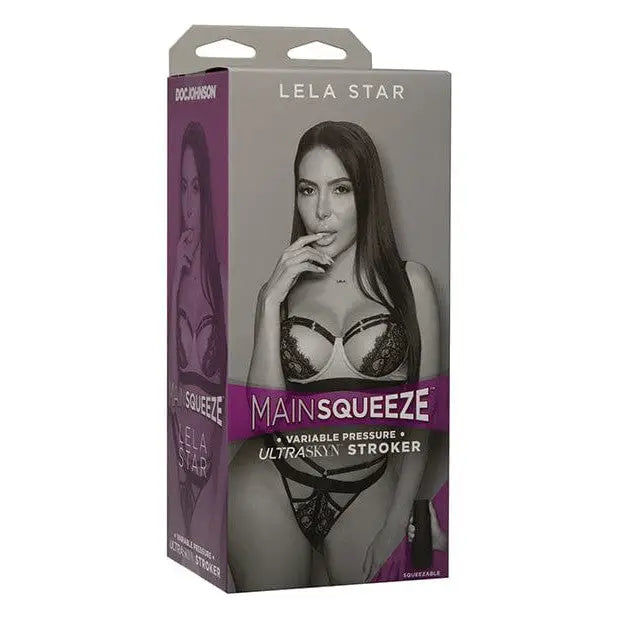 Product packaging for Main Squeeze - Lela Star Pussy with woman in lingerie on the box