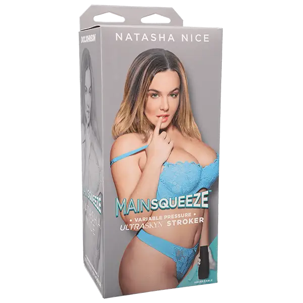 Main Squeeze Natasha Nice device packaging with a woman in blue lingerie