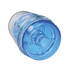 Main Squeeze POP-OFF OPTIX Clear Stroker: Transparent blue ridged cylindrical personal massager