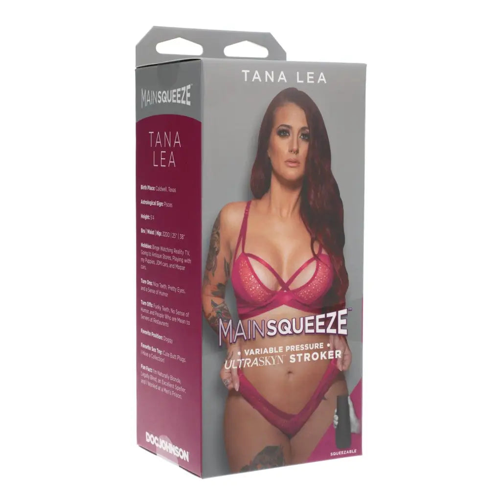 Main Squeeze Tana Lea adult novelty device packaging featuring a woman in pink lingerie