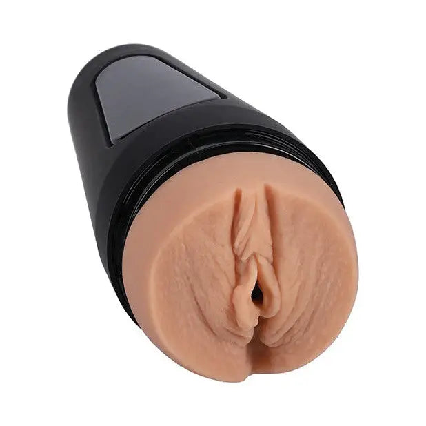 Close-up of Main Squeeze Ultraskyn Pussy Stroker with black lid for realistic pleasure