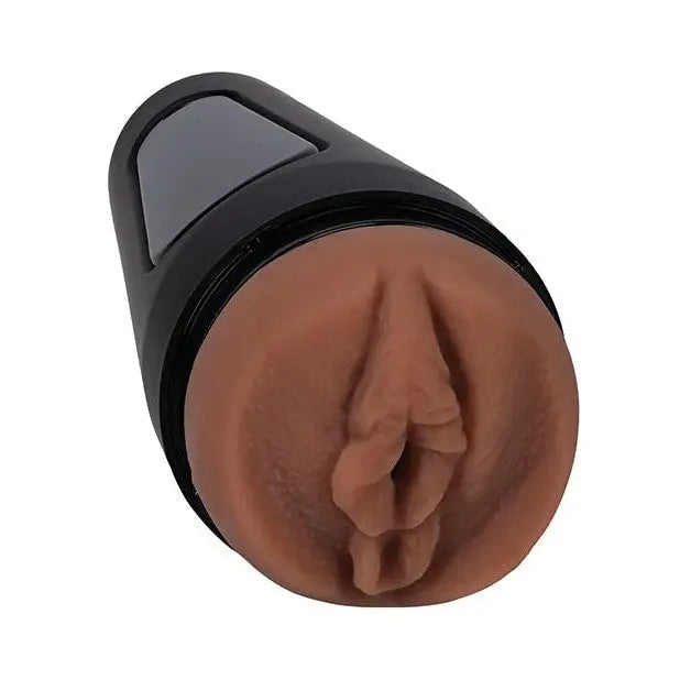 Close up of Main Squeeze Ultraskyn Pussy Stroker with a black handle for realistic pleasure