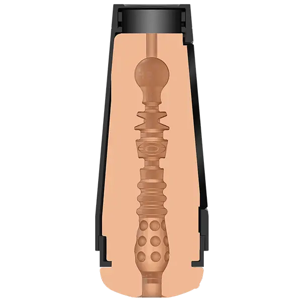 Main Squeeze Ultraskyn Pussy Stroker features an intricate, ornate wooden spindle detailing