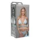 Product packaging of Main Squeeze Ultraskyn Pussy Stroker with woman in light blue bikini