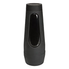 Main Squeeze Ultraskyn Pussy Stroker: Sleek black cylindrical container with oval window