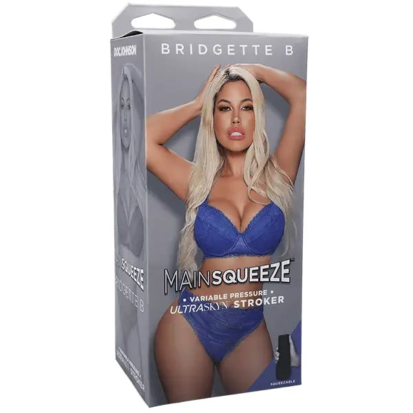 Main Squeeze Ultraskyn Pussy Stroker packaging with woman in blue lingerie posing