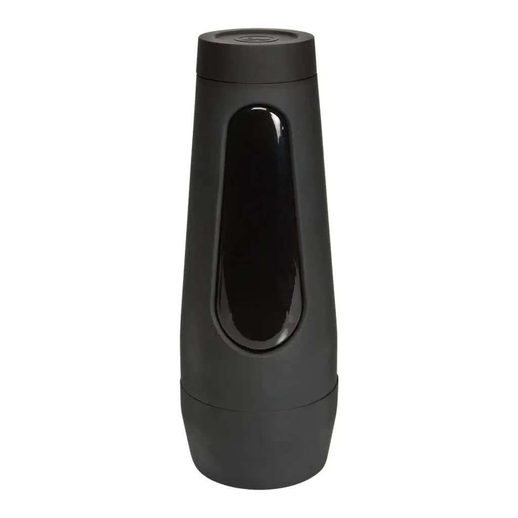 Main Squeeze Ultraskyn Pussy Stroker with sleek black water bottle, oval window design