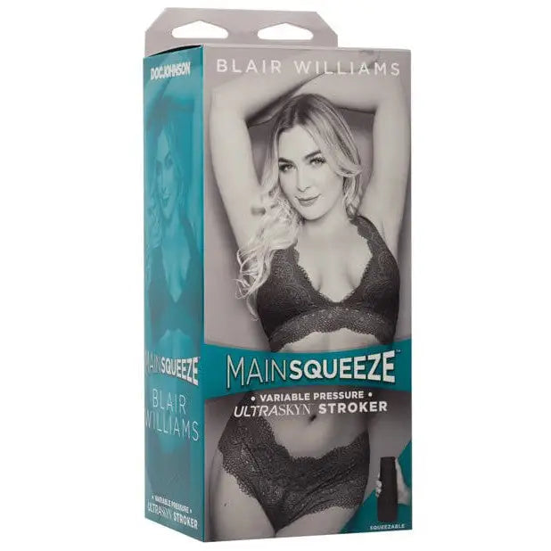 Main Squeeze ULTRASKYN Stroker packaging with Blair Williams in lingerie