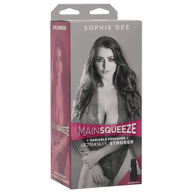 Main Squeeze ULTRASKYN Stroker packaging featuring Sophie Dee in stylish, revealing attire