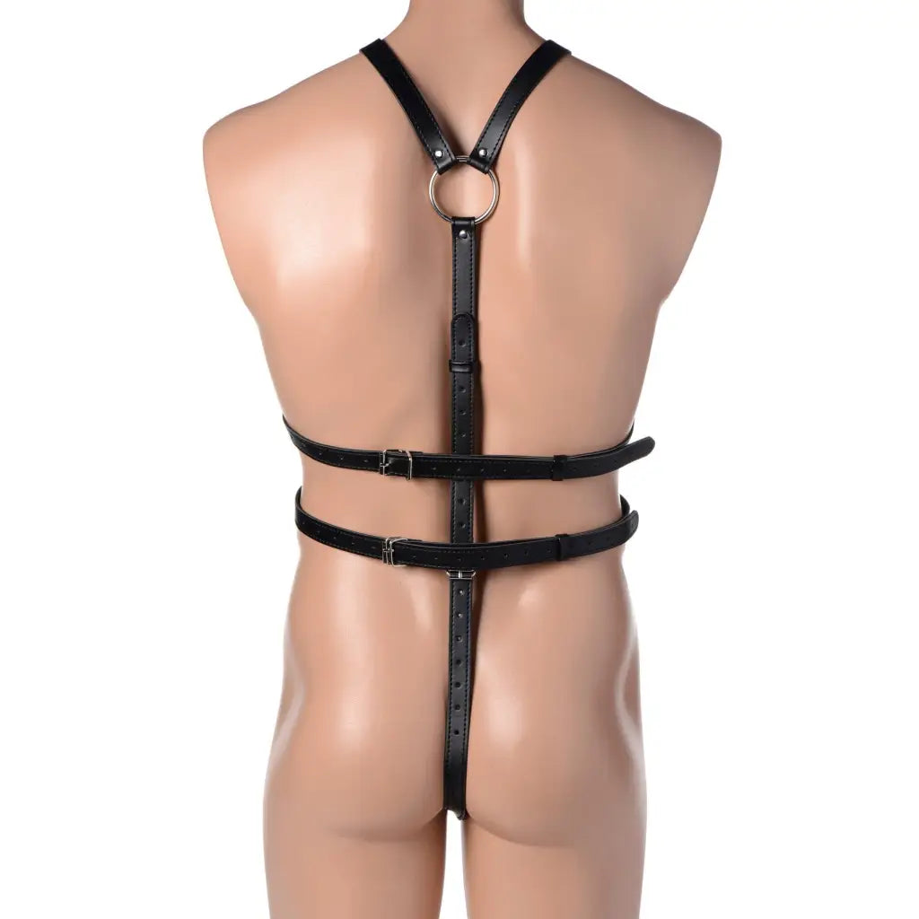 A close-up of a mannequin torso displaying a Male Full Body Harness for maximum circumference