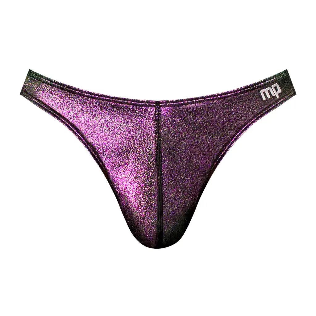 Male Power Hocus Pocus Uplift Bong Thong: Purple Bikini with Black Bottom and Silver Glitter Print