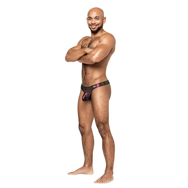 Man wearing Male Power Hocus Pocus Uplift Bong Thong in purple size L/XL
