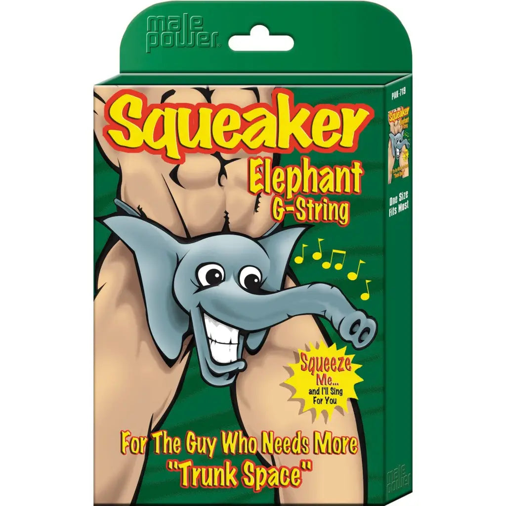 Novelty squeaker elephant G-string packaging with cartoon elephant and suggestive text