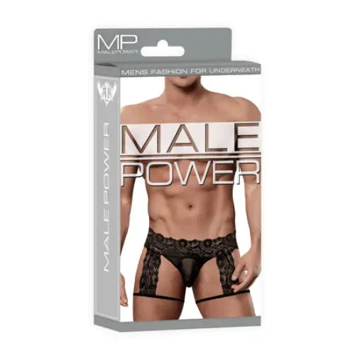 Male Power Scandal lace thong with suspenders in black, S/M