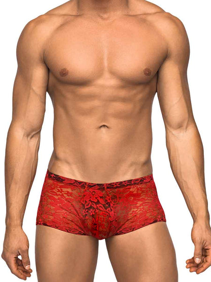 Male Power Shorts Red / Small Mini Short Stretch Lace at the Haus of Shag