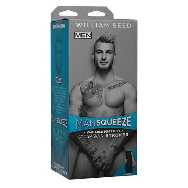 Product packaging for Man Squeeze ULTRASKYN Stroker - William Seed featuring shirtless man