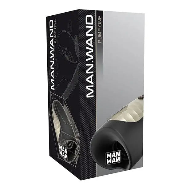 Man Wand Pump One Masturbator - Black with packaging labeled ’Manwand’ and ’Pump One’