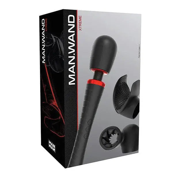 Man Wand Xtreme: Handheld personal massager with 2 attachments in product packaging