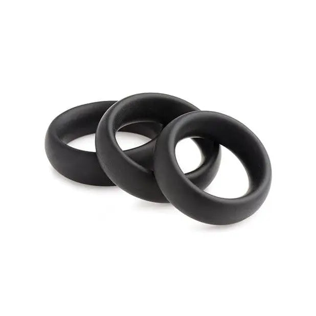 Two black silicone cock rings from the Master Series 3 Piece Silicone Cock Ring Set