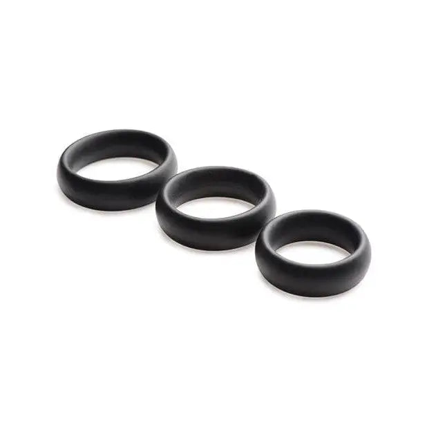 Master Series 3 piece silicone cock ring set - three black rings on a white background