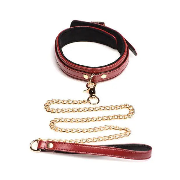 Bondage set burgundy: Leather collar with gold chain leash from the Master Series