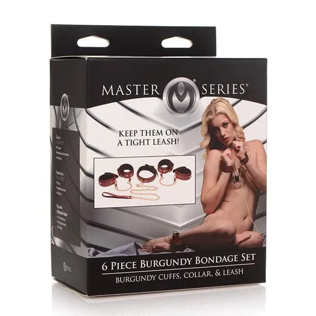 Master Series 6 Pc Bondage Set Burgundy with cuffs, collar, and leash for bondage play