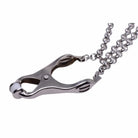 Silver-colored carabiner pendant on Master Series Affix Triple Chain Nipple Clamps necklace