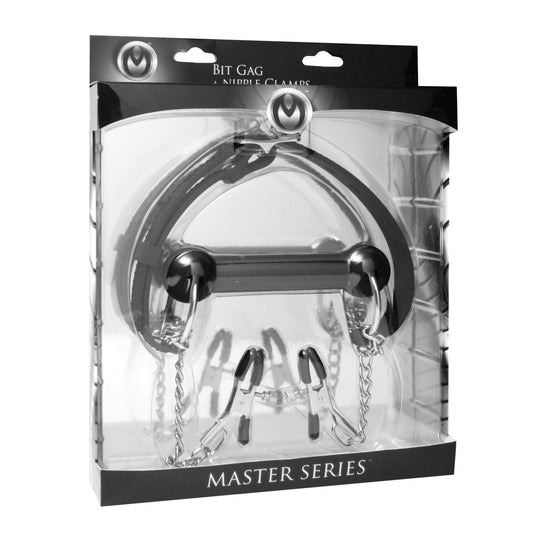 Master Series Bit Gag Black Master Series Equine Silicone Bit Gag With Nipple Clamps at the Haus of Shag