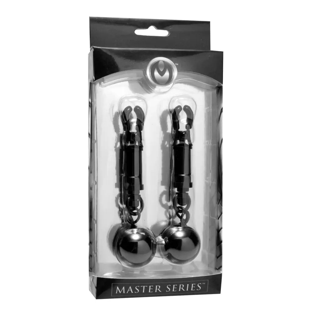 Master Series Black Bomber Nipple Clamps with Metal Ball Weights for Intense Sensation