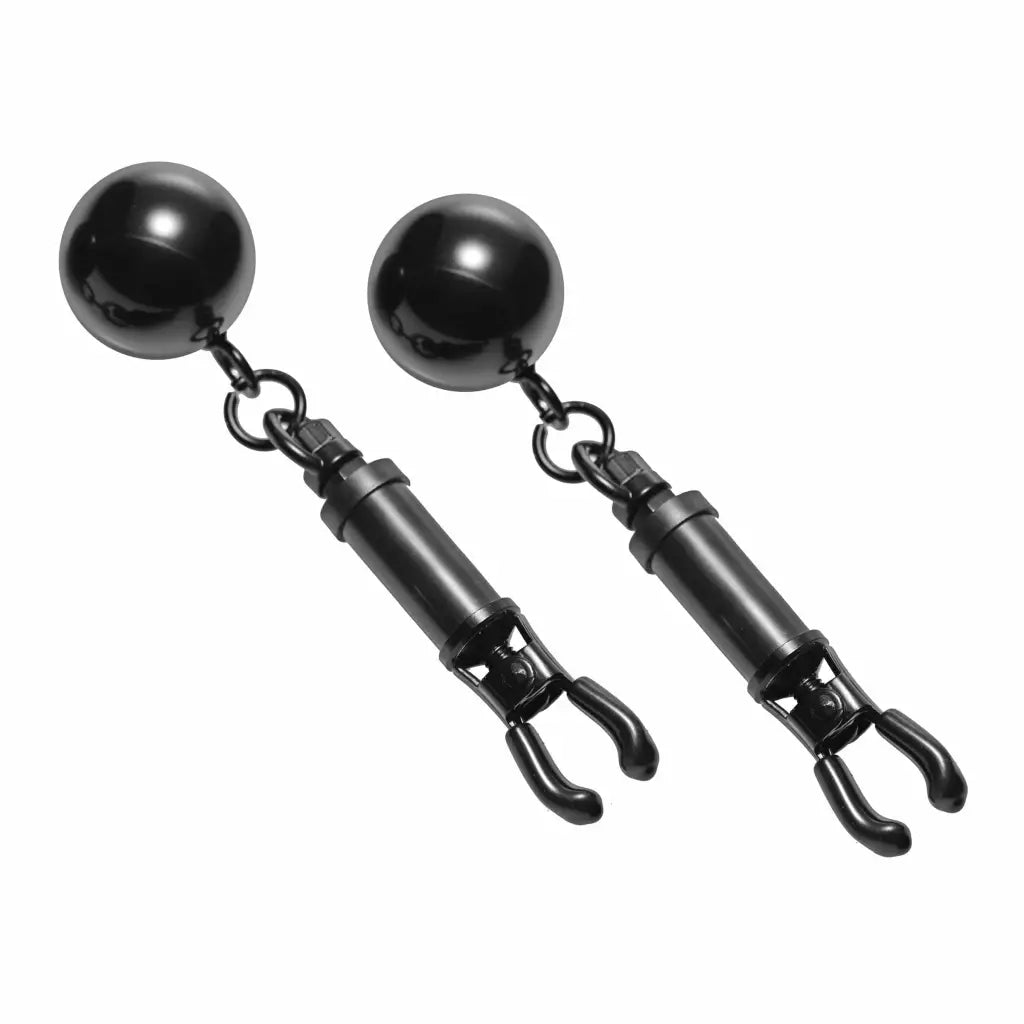 Master Series Black Bomber Nipple Clamps with spherical weights for weighted stimulation